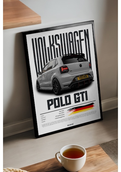 Volkswagen Polo Gtı Araba Siyah Ahşap Çerçeveli Poster, Dekoratif Duvar Tablosu