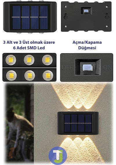 Technojet Modern Solar Güneş Enerjili 6 Ledli Bahçe Aydınlatması Aplik Sarı Işık Led Lamba 2 Adet