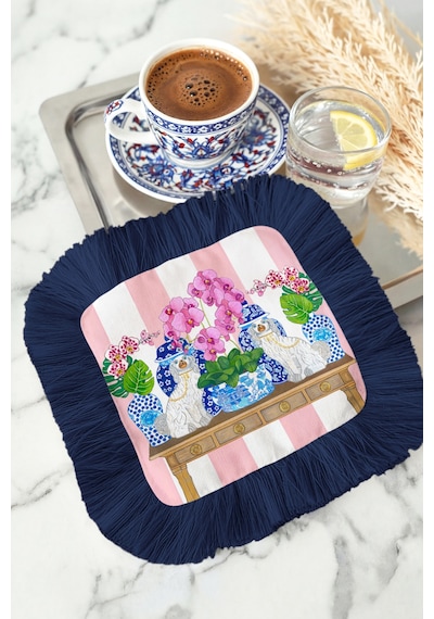 Chinoiserie Stil Saçaklı Sunum Dekorasyon Mendili-pastoral Glam Eklektik Lacivert Kahve Yanı Peçete Çok Renkli