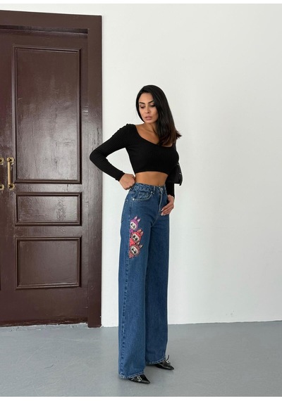 Kadın Nakış Detaylı Wide-leg Jean Kot Pantolon Mavi+koyu