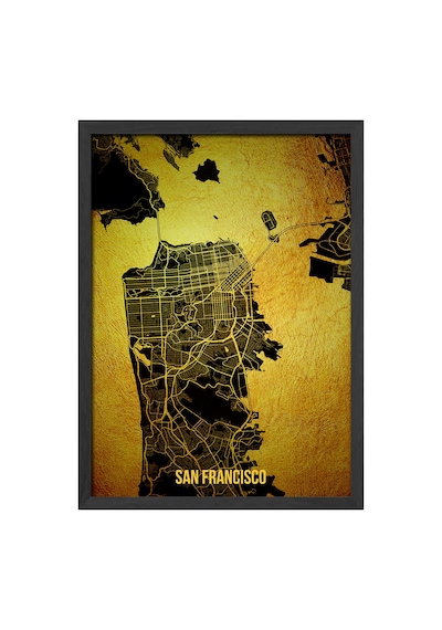 San Francisco Şehir Haritası Siyah Ahşap Çerçeveli Poster, Dekoratif Harita Duvar Tablosu