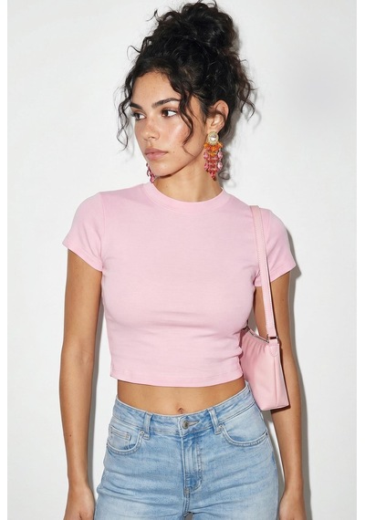 Shade Kadın Kısa Kollu Bisiklet Yaka Crop T-shirt 60286904 - Pembe