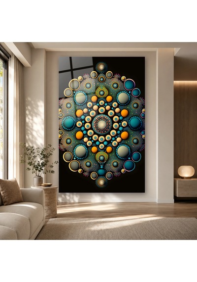 Turkuaz Turuncu Noktalı Mandala Çerçevesiz Cam Tablo