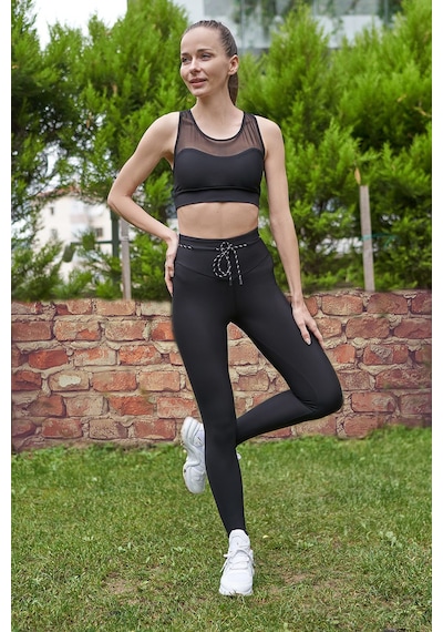 Lismina Siyah İp Kuşaklı Ekstra Yüksek Bel Toparlayıcı Spor Tayt Siyah