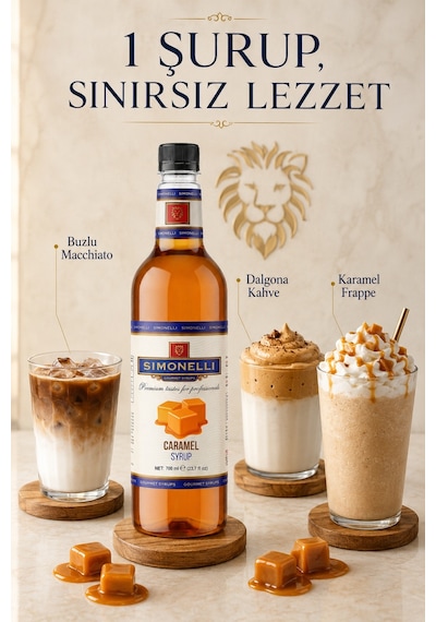 Simonelli Karamel Aromalı Kahve ve Kokteyl Şurubu 700 ML + Şurup Pompası - Latte Frappe Soğuk Sıcak Kahve ve Tatlı Şurubu