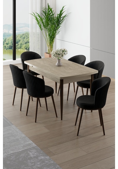 Canisa Asfel Serisi Mdf 77x130 Traverten Yandan Açılabilir Mutfak Masası Takımı 6 Siyah Sandalye Traverten Masa Siyah Sandalye Canisa Asfel Serisi Mdf 77x130 Traverten Yandan Açılabilir Mutfak Masası Takımı 6 Siyah Sandalye Traverten Masa Siyah Sandalye