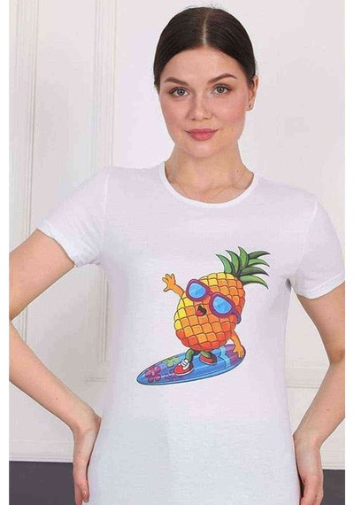 Kadın Slimfit Ananas Baskılı Beyaz Tshirt