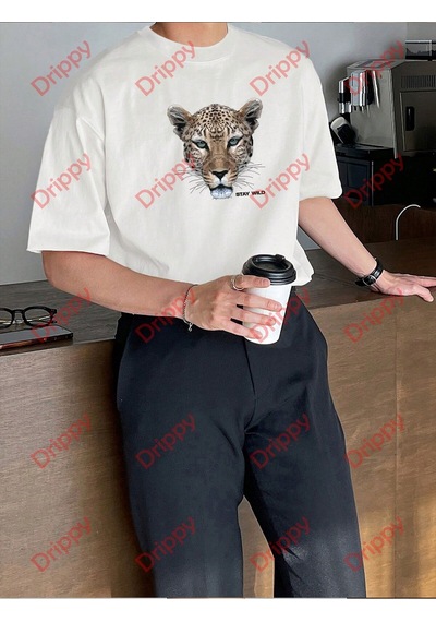 Flood Of Style Leopar Stay Wild Baskılı Oversize Unisex Yıkamalı Tshirt Beyaz