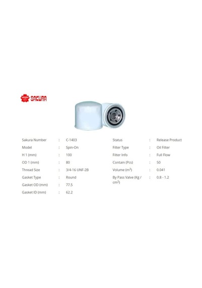 SAKURA C1403 Yağ Filtresi Sx4 06- Swift 05- Grand Vitara 98-03 Jımny 01-