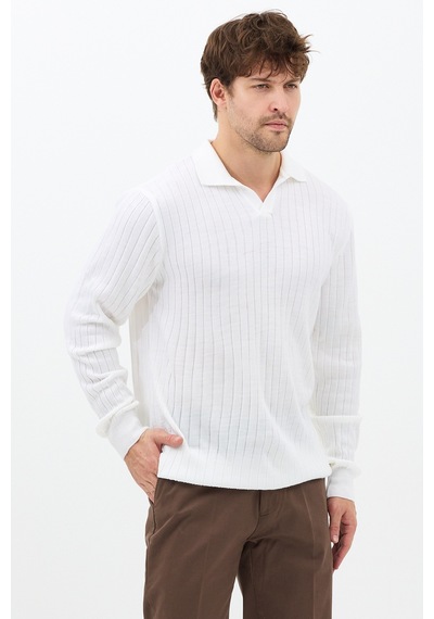 Erkek Beyaz Slim Fit Uzun Kollu Polo Yaka Triko Kazak Beyaz