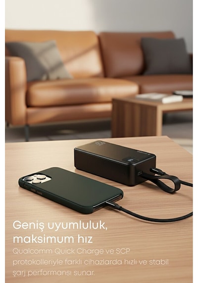 Taşınabilir 30.000 Mah Powerbank 22.5w Pd Hızlı Şarj, Led Gösterge, Android & Apple Uyumlu iOS Siyah