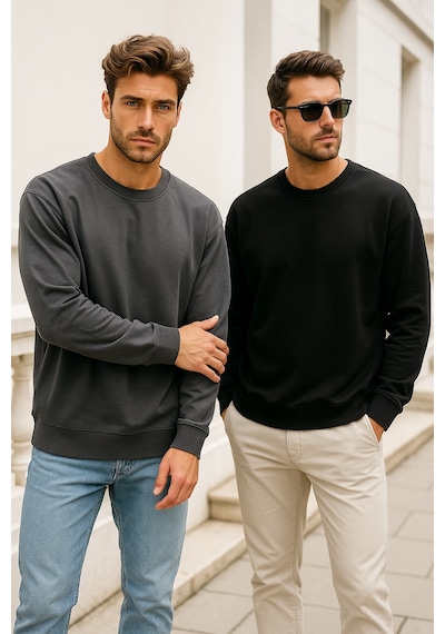 Rich Erkek 2'li Paket Siyah - Antrasit Bisiklet Yaka Scuba Basic Sweatshirt Siyah