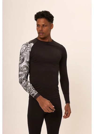 Hnc Sport Dragon Erkek Uzun Kol Tek Kol Dijital Baskılı Compression Fitness Gym Spor Body Tshirt Siyah