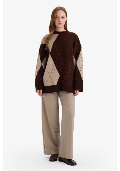 Defacto Regular Fit Bisiklet Yaka Baklava Desenli Triko Kazak Tunik G0711ax25wnbn341 Kahve-bn341