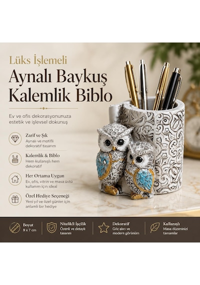 Lüks İşlemeli Aynalı Baykuş Kalemlik Biblo Dekoratif Heykel Ev Ofis Masa Dekoru Hediyelik 9 X 7 Cm 9 - 11 Cm