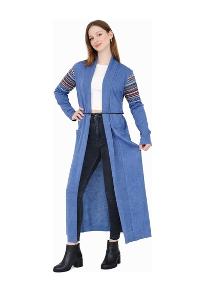 Onno Style Woman Standart Beden Kilim Desenli Uzun Triko Ceket Mavi