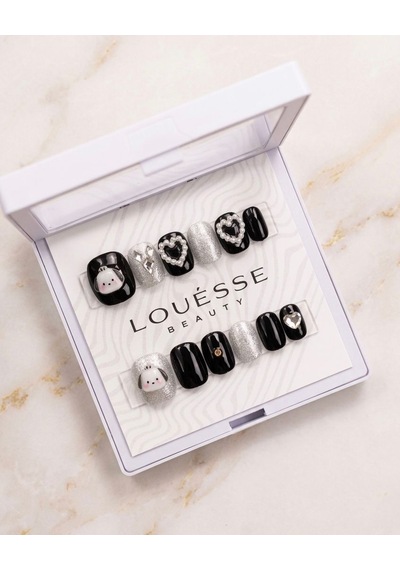 Louésse Midnight Bunny Takma Tırnak 12 Li Siyah Gümüş Kalpli Tavşan Cute Nail
