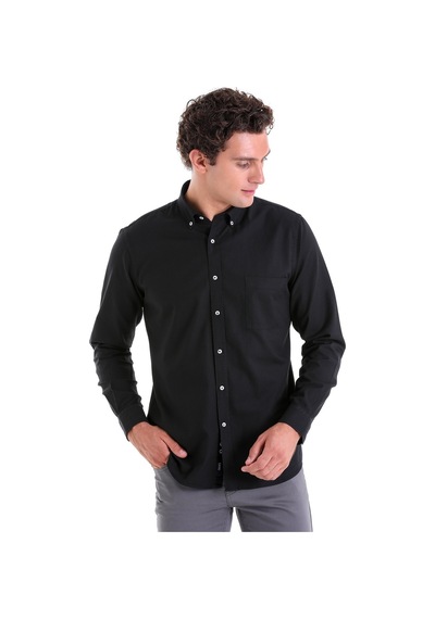 Hatemoğlu Siyah Comfort Fit Düz 100% Pamuk Düğmeli Yaka Uzun Kollu Casual O Siyah