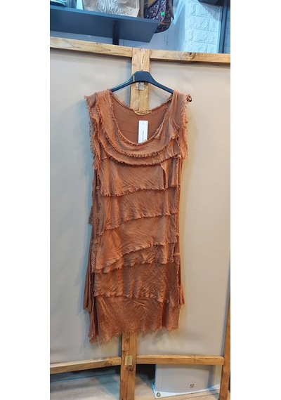 Bohem Stil Kat Kat Taşlanmış Mini İpek Elbise Tarçın
