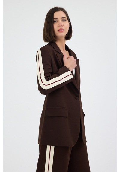 Diemmood Kadın Yan Şerit Detaylı Oversize Blazer Ceket & Palazzo Kahverengi Takım