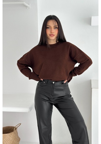 Femelle Kadın Kahverengi Standart Beden Oversize Triko Kazak - 357bnd