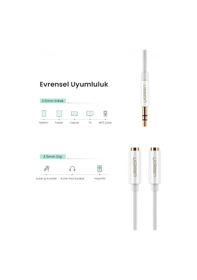 Ugreen 3.5mm Erkek To 2 Dişi Ses Kablosu 20cm Beyaz , 10739