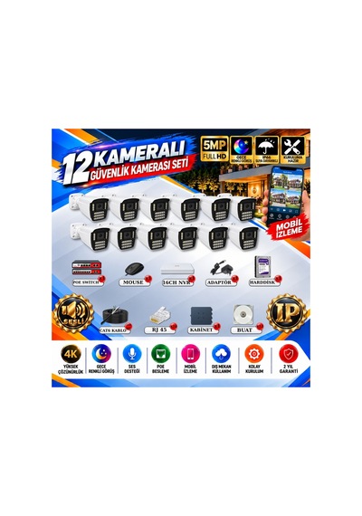 12 Kameralı 4k Sesli İp Güvenlik Kamerası Seti 5mp Gece Renkli Görüş 21 Warm Led Poe 421wsp