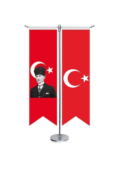 Atatürk - Ay Yıldız -türk Bayrağı Ve Türkiye - Kırlangıç - Saten T Direk 2li Masa Bayrağı 1