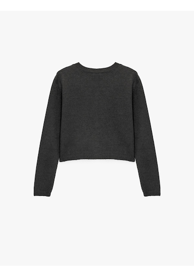 Koton Regular Fit Bisiklet Yaka Uzun Kollu Düğmeli Crop Triko Hırka Gri Melanj 7wal90035ht