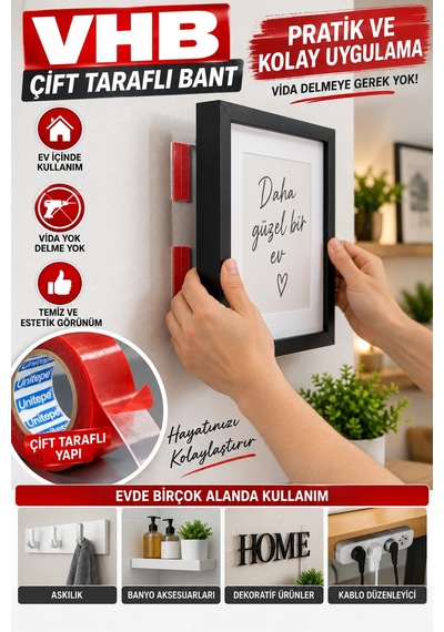 Çift Taraflı Bant 20 Mm X 5 Metre Güçlü Tutunma, Çok Amaçlı Montaj Ve Sabitleme Bandı