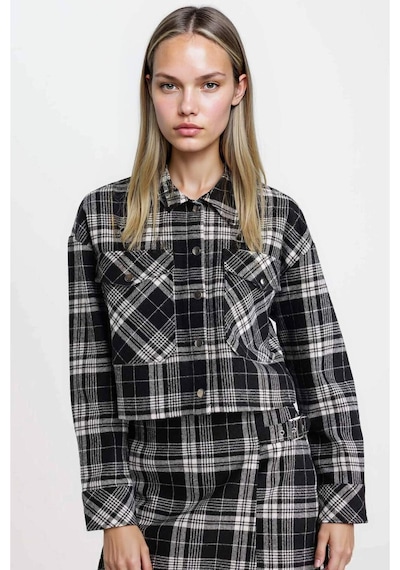 DeFacto Coool Oversize Geniş Kalıp Crop Cepli Kalın Flanel Uzun Kollu Ceket Gömlek D7914AX24AUBK27
