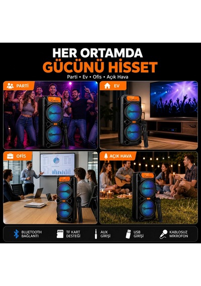 Büyük Boy Rgb Işıklı Hoparlör, 2x15w Güçlü Bass, Kablosuz Mikrofonlu, 360 Stereo Ses, Bluetooth Tws, Usb Aux