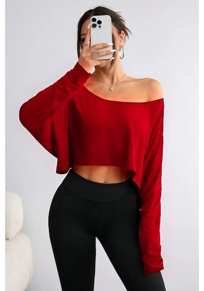 Kadın Düşük Omuz Kayık Yaka Oversize Uzun Kollu Crop T-shirt Kırmızı