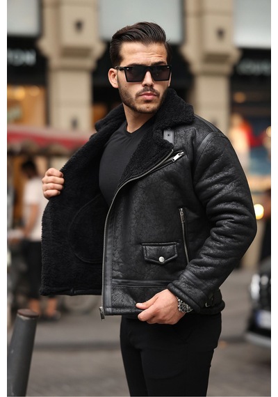Erkek Napa Deri Içi Full Kürklü Slim Fit Mont & Ceket Siyah