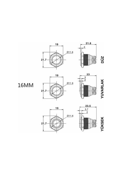 16mm Metal Panel Montaj Yüksek Kafa Push Buton NO DC 6A 12V AC 3A 250V IP67 Su Geçirmez Düğme