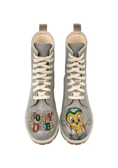 Kadın Vegan Deri Gri Uzun Bot - Warner Bros Tweety Looney Tunes Ski Club Tasarım Multicolor
