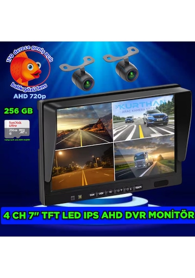 2 Adet Ledsiz Ahd 720p 170'' Balık Gözü Lens Kelebek Kamera 256 Gb 7 İnç Hybrid Dvr Monitör 12 Volt