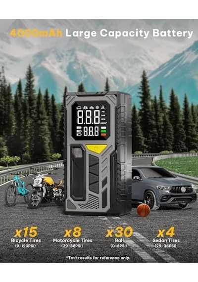 4000mah Hava Kompresörü Powerbank Özellikli Auhma Model Kompresör Araba Bisiklet Top Lastik Şişirme Pompası