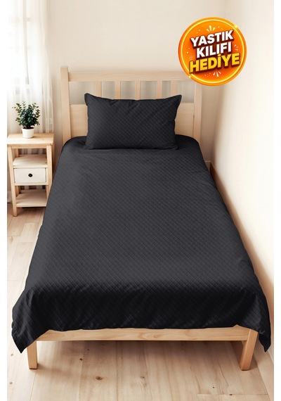 Antrasit Modern Genç Odası Tek Kişilik Pike Takımı - Gri Minimal 160x220 Cm Kapitone Yatak Örtüsü Perde Şafak Sessizliği
