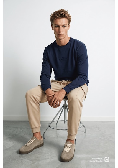 UCLA Machado Lacivert Bisiklet Yaka Gofre Baskılı Yumuşak Dokulu Modal Kumaş Standard Fit Erkek Sweatshirt