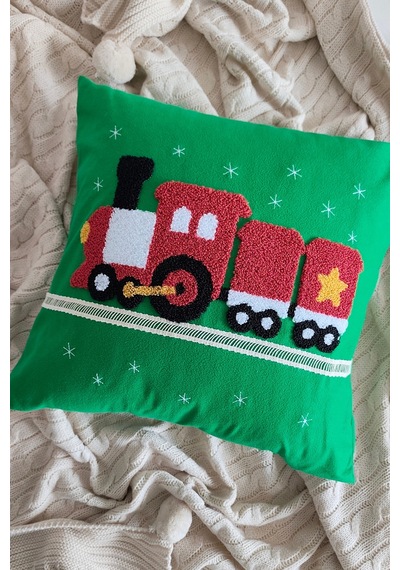 Tren Nakışlı Dantelli Dekoratif Kırlent Kılıfı - Punch İşlemeli Çocuk Odası Dekoru - 43x43 Cm Yesıl Yeşil
