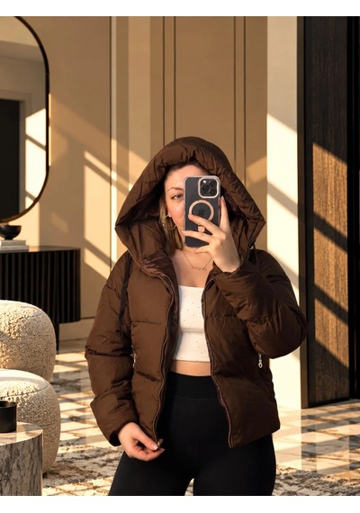 Elora Atelier Kahverengi Kapüşonlu Fermuarlı Şişme Mont