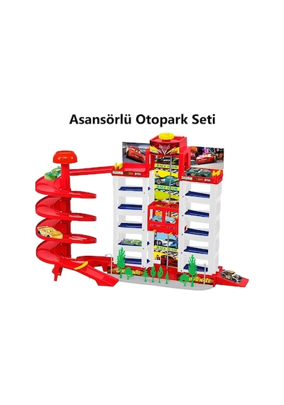 Asansörlü Otopark Garaj Seti 3 Arabalı Şimşek Mcqueen Büyük Boy Kırmızı