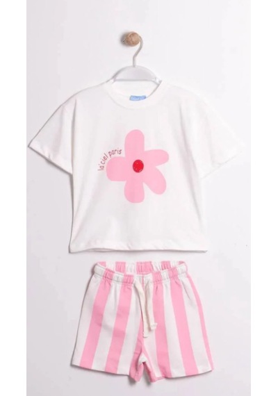 Baby Lory Kids Store Kız Çocuk Çiçek Desenl Pamuklu Çizgili Takım Pembe - Beyaz