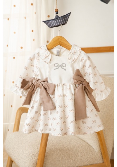 Babyhola %100 Pamuk Kız Çocuk Kurdele Detaylı Elbise 15349 Kahverengi