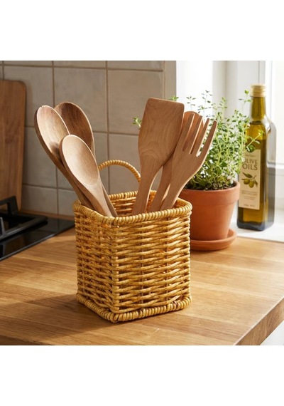 Buffer Kare Hasır Dokulu Plastik Rattan Kaşıklık & Çatallık Askılı Kendiliğinden Tutmalı Çok Amaçlı Mutfak Organizeri Açık Kahverengi