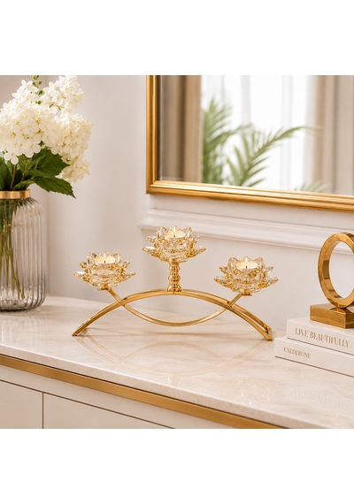 Altın Lotus 3 Saplı Kristal Cam Mumluk Dekoratif Şamdan Amber - Gold