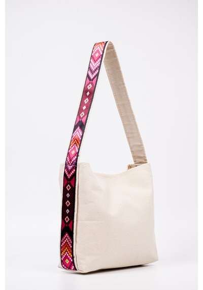 Fabric Craft Bag Omuz Çanta Kanvas Motifli Krem - Pembe