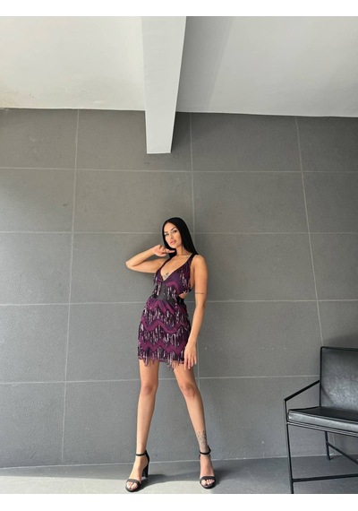 Havens Saten Detaylı Saçaklı Mini Elbise Mor