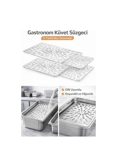 Gastronom Küvet Süzgeci 53 X 32 Cm Gn Uyumlu Delikli Süzgeç 5 Farklı Boy Profesyonel Mutfak Şeffaf